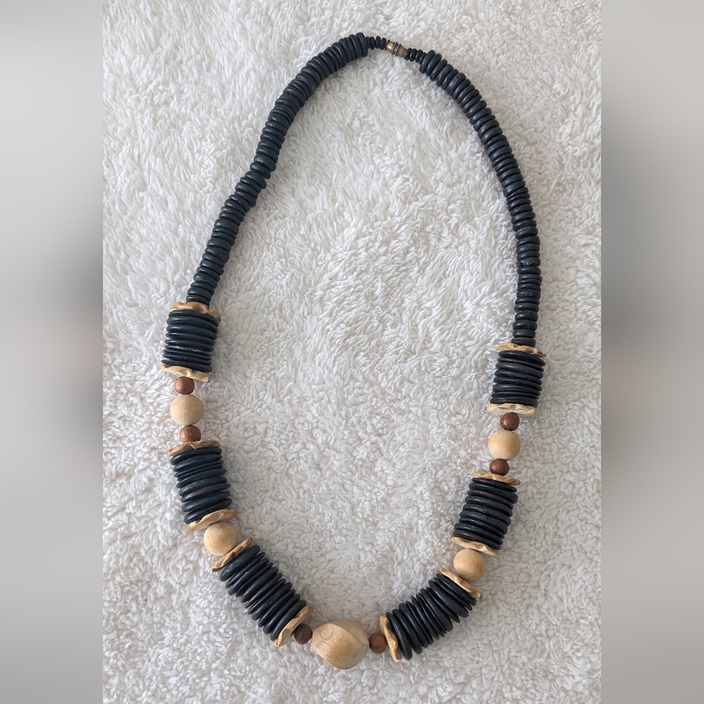 Vintage Tribal Style Wooden Necklace. Black and Tan. 12" Long